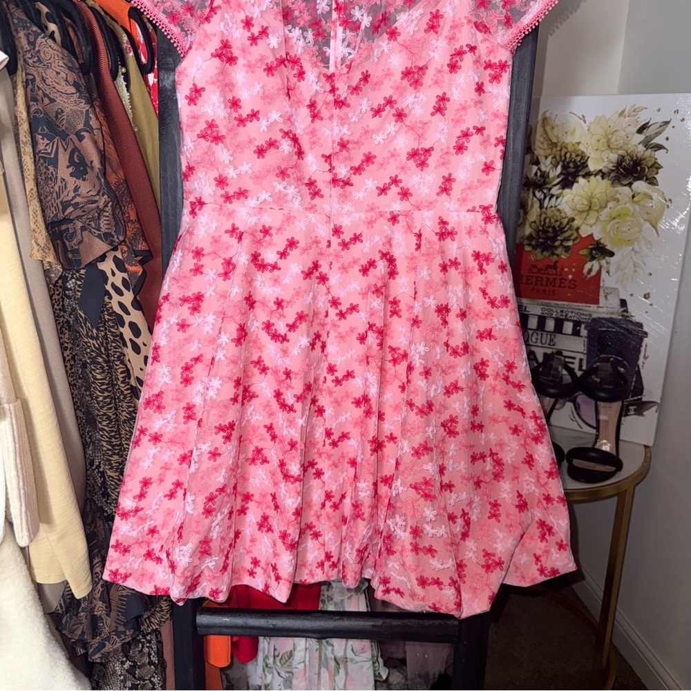 ML Monique Lhuillier Gathered Embroidered Tulle Mini Dress Pink Floral Fit Flare - Picture 11 of 15